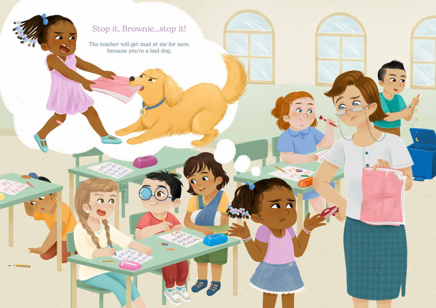 illustrazione con bambini a scuola e cane che mangia i compiti di una piccola alunna